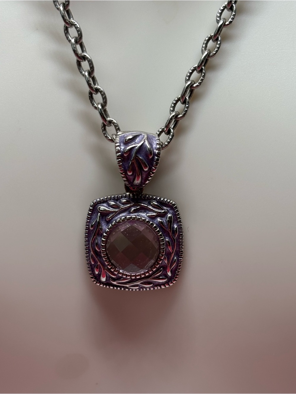 925 Sterling Silver Pendant Necklace with lavender enamel and lavender crystal